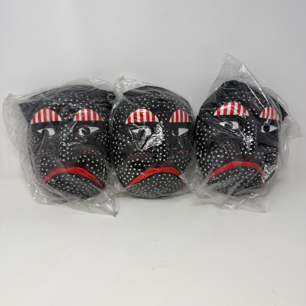 3 Vintage 1990s Korean Plastic Mask Black White Polka Dot Red Accents Folk Art
